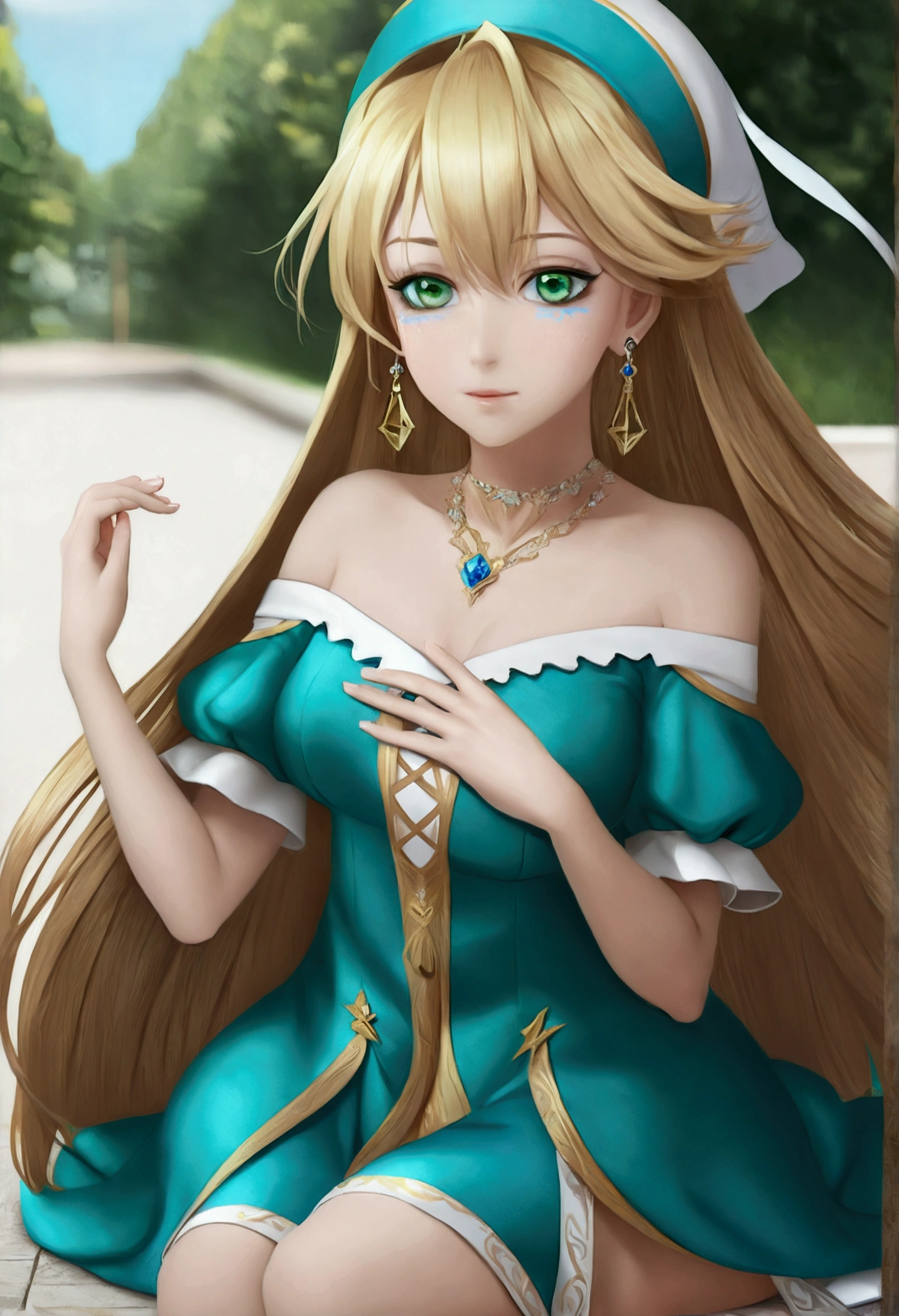 Dark Magician Girl, Dark magician girl, Blonde hair, Necklace, (Green Eyes:1.5), Long hair,
rest bare shoulders, Blue footwear, blush, blush stickers, cleveage, clavicle, Duel Monsters, have, Off-shoulder, Pentagram, wizard have, (Blue clothes:1.5),
rest looking at viewer,
rest outdoors, City,
rest (masterpiece:1.2), best quality, high resolution, Unity 8K wallpaper, (illustration:0.8), (Beautiful and delicate eyes:1.6), Extremely detailed face, Perfect lighting, Extremely detailed CG, (Perfect hands, Perfect anatomical structure),