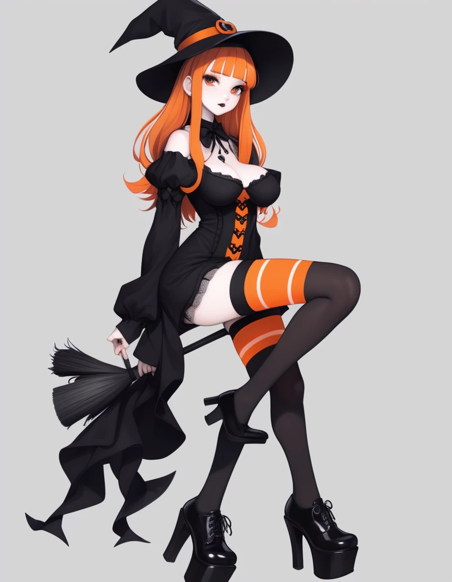 Cute girl, bright orange and dark black, white thigh-high socks, platform heels, gothic style, small bust, witch, simple background,nsfw