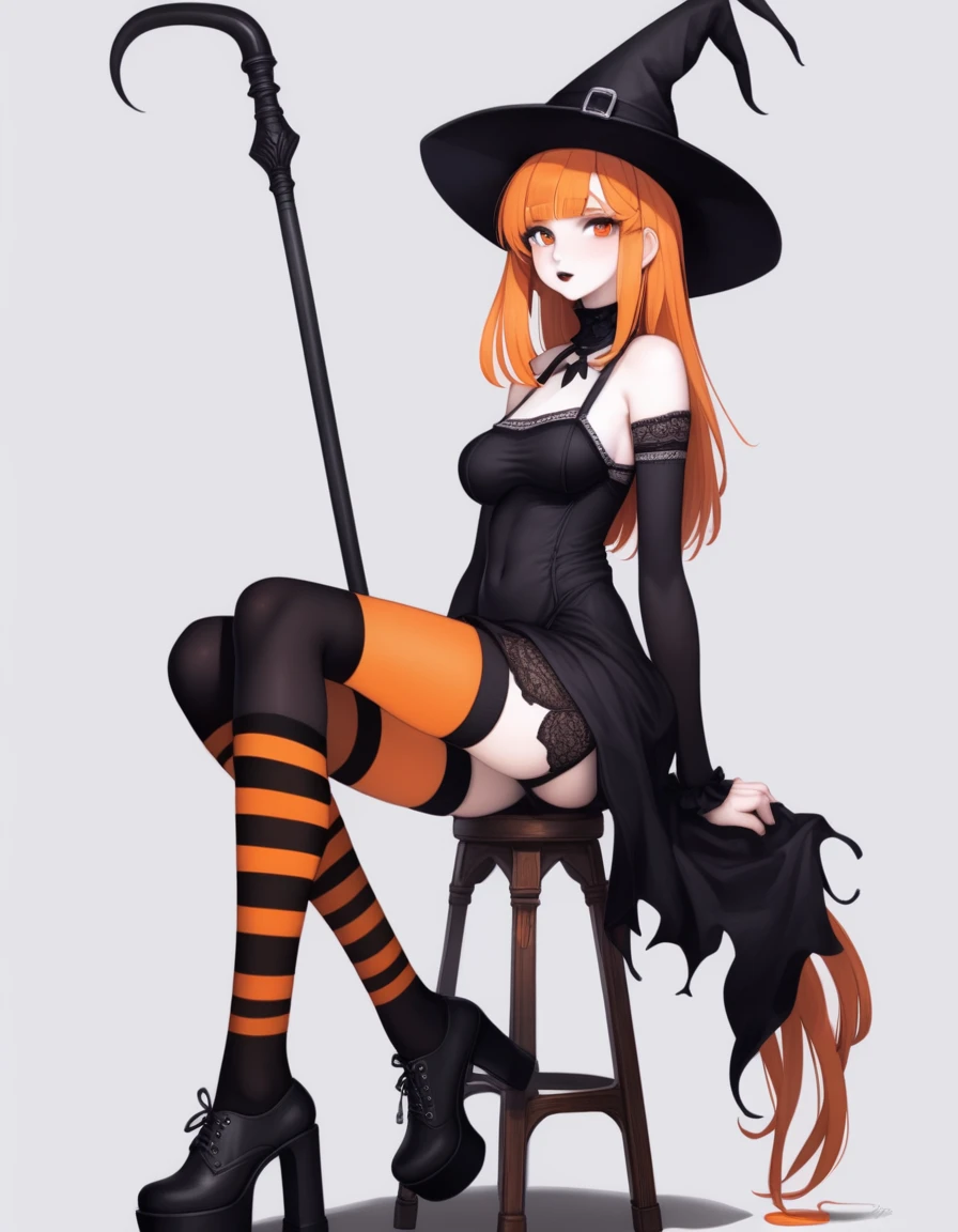 Cute girl, bright orange and dark black, white thigh-high socks, platform heels, gothic style, small bust, witch, simple background,nsfw