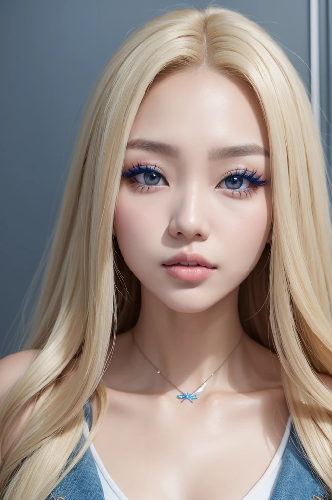 Make a Korean woman with long blonde hair, piercing na boca e bone azul