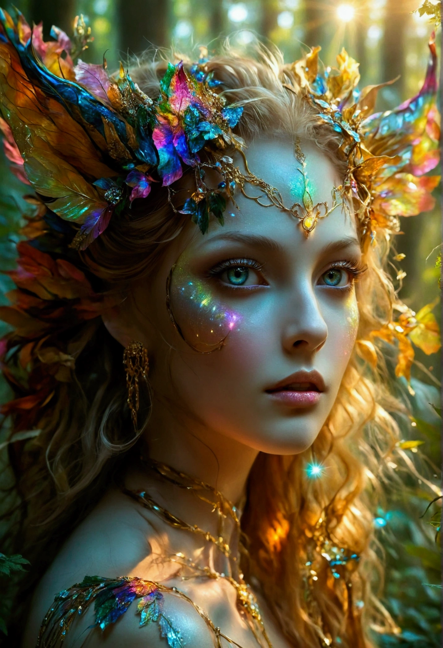 A beautiful, enchantingly elusive humanoid faunus woman, every aspect exudes magic in the midst of danger: shimmering rainbow fur, ethereal golden horn, and eyes that seem to hold the secrets of the universe. The mystical creature is surrounded by a lush, enchanted forest, bathed in the soft light of the setting sun, creating a dreamlike atmosphere that transports viewers to a realm of fantasy and wonder. This breathtaking image is a digital painting that captures the essence of the mythical creature with stunning detail and masterful technique, making it a truly mesmerizing work of art.