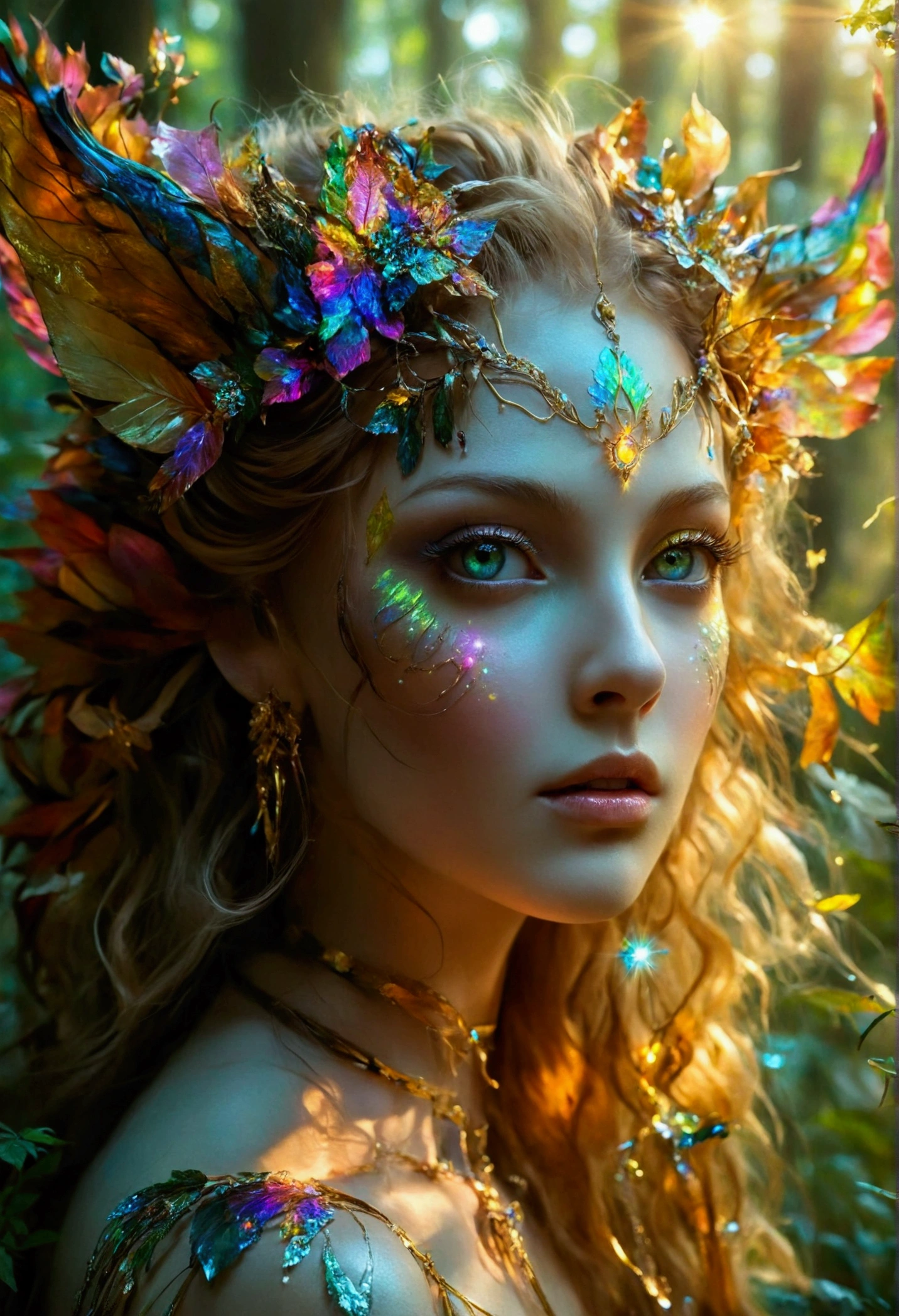 A beautiful, enchantingly elusive humanoid faunus woman, every aspect exudes magic in the midst of danger: shimmering rainbow fur, ethereal golden horn, and eyes that seem to hold the secrets of the universe. The mystical creature is surrounded by a lush, enchanted forest, bathed in the soft light of the setting sun, creating a dreamlike atmosphere that transports viewers to a realm of fantasy and wonder. This breathtaking image is a digital painting that captures the essence of the mythical creature with stunning detail and masterful technique, making it a truly mesmerizing work of art.
