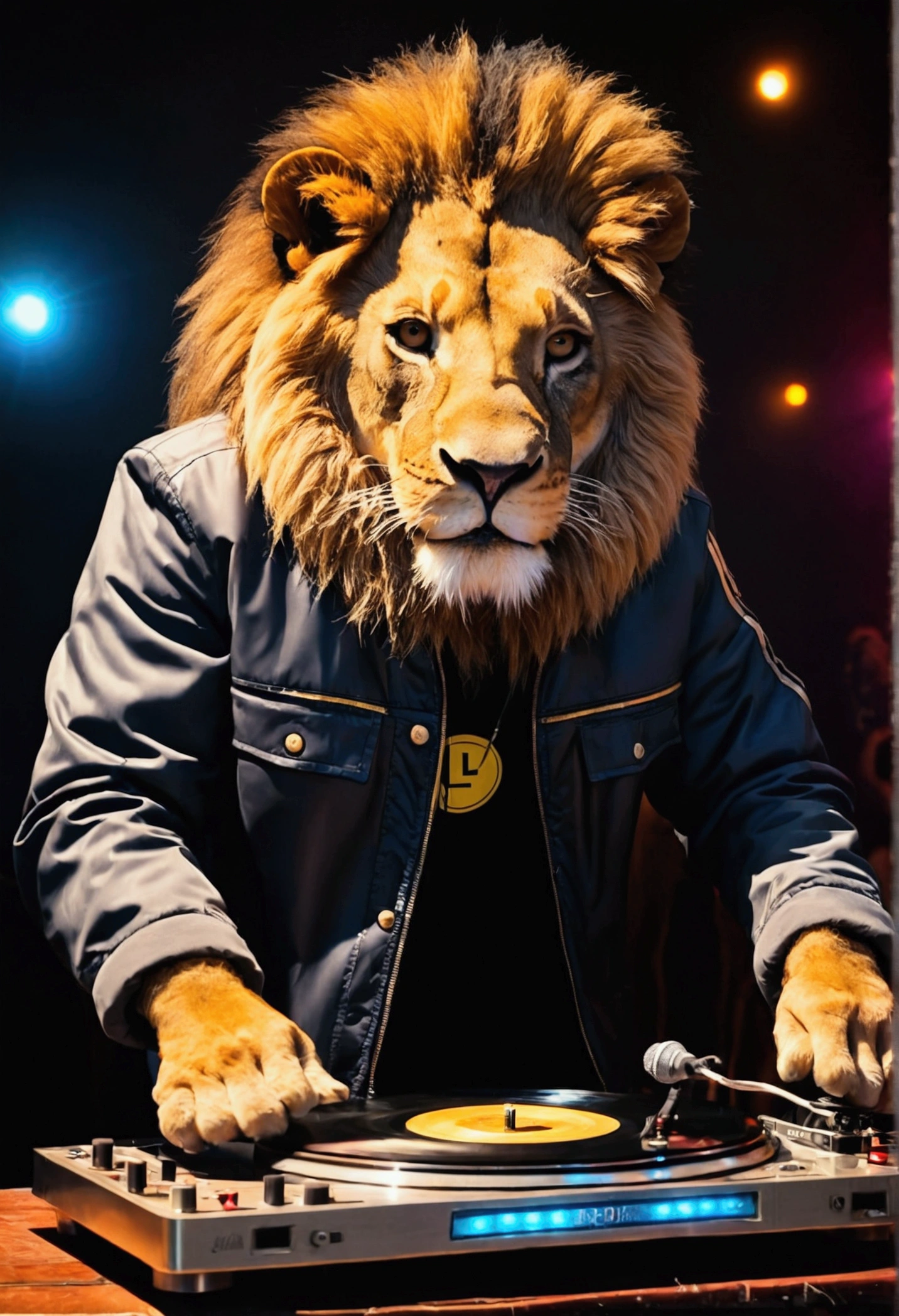 a lion DJ,With a jacket with a printed name . D and L and I don&#39;t dance like a record player, crowd, Leisure lights, EVENING CLUB