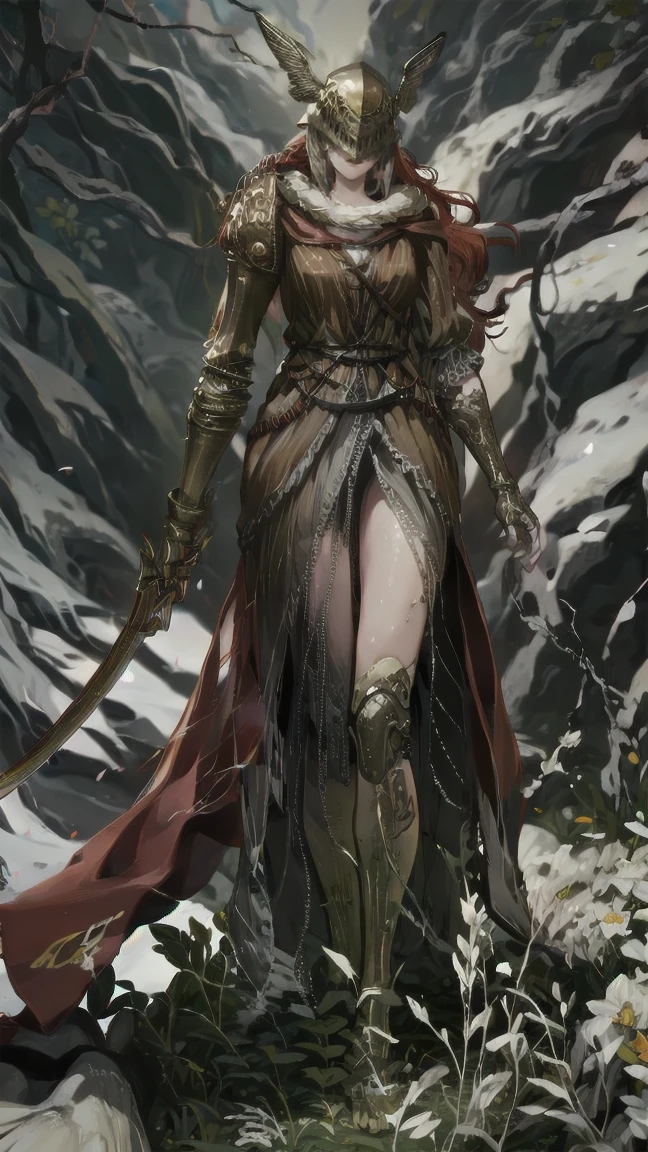 1 girl, ultra sharp image, Portrait of a girl, Gothic style, fantasy, beautiful figure, beautiful, full length (full body 1.1.), big tree in the background, slender legs, buttocks, slender legs, Wasp waist, sexy, fighting pose, fighting stance, only,helmet,light-skinned Женский, One, long curved sword in hand