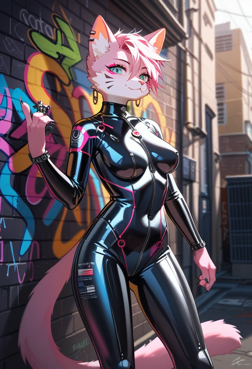 animation, Highest quality, Highest quality, High quality illustrations, masterpiece, Ultra-high resolution, Detailed Background, Alley, night, Graffiti art on the wall, Absurd, Perfect Anatomy, performance, Good lighting, Shadows in the movies(kemono, Furry PersonifiCation), Cat, Pink Skin, Rubber suit, latex, neon, neonライト, neonカラー, Bodysuits, Cyber Suit, Mech Suit, cyber punk, Earrings