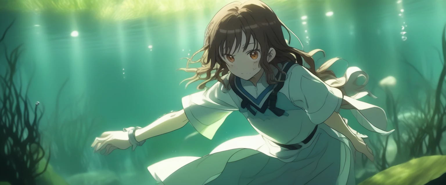 score_9, score_8_wonderful, score_7_wonderful, score_6_wonderful, sauce_anime, partially underwater,
One Girl, Long Hair, Brown Hair, Wet Hair,
White Dress, Swamp,
Dark Background, Blurred Edges,8-year-old、Adventurer、Flat Chest、Pitch-dark underground labyrinth、No light、skirt、Equipped with a dagger and a shield、水面よりwonderfulの顔、Corpse in water, Underwater Photography、浮力でskirt捲れる