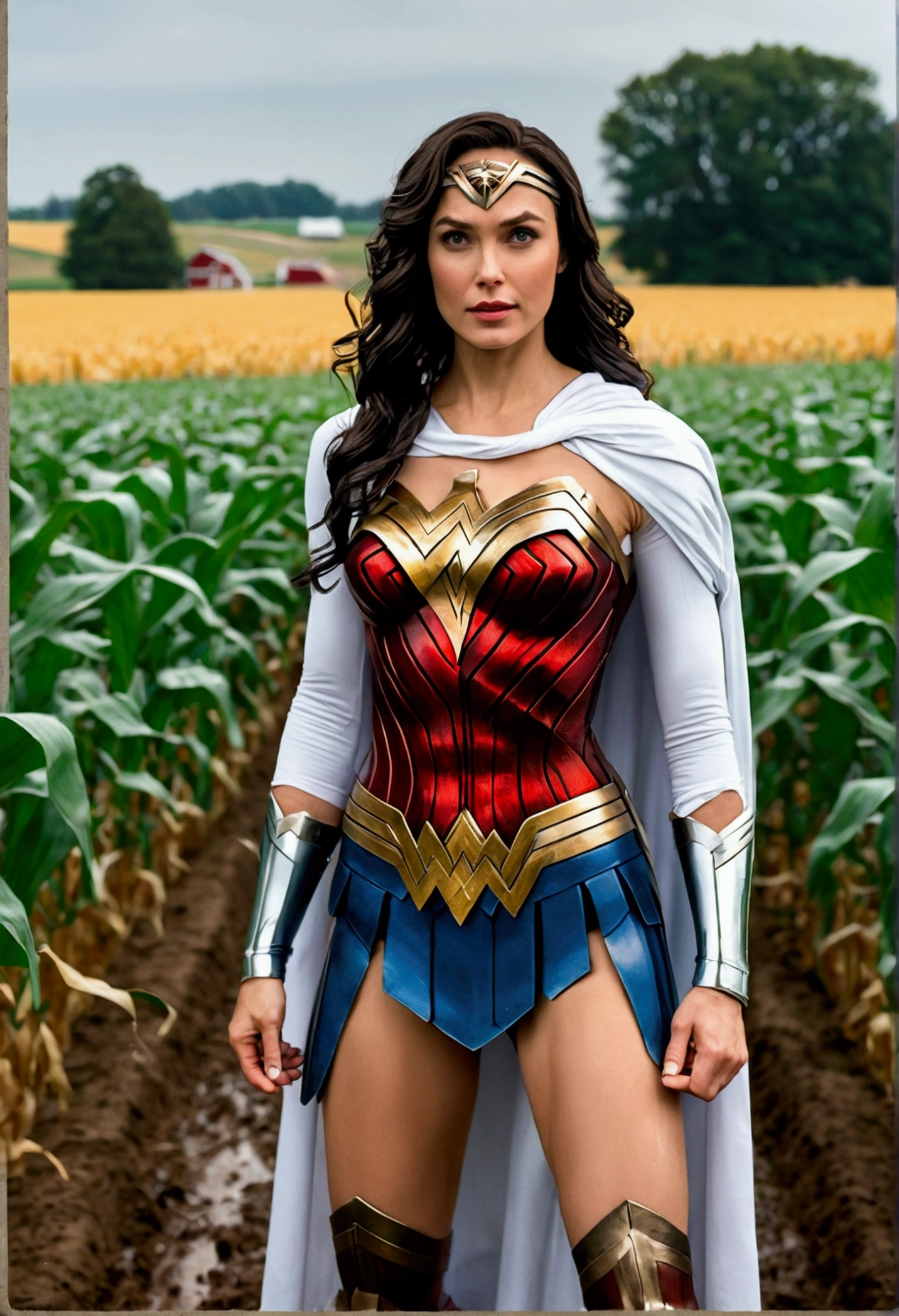 image Wonder Woman covered in white soy, dripping, on the ground. Background Superman with a smirk, in a corn field, and smallville farm