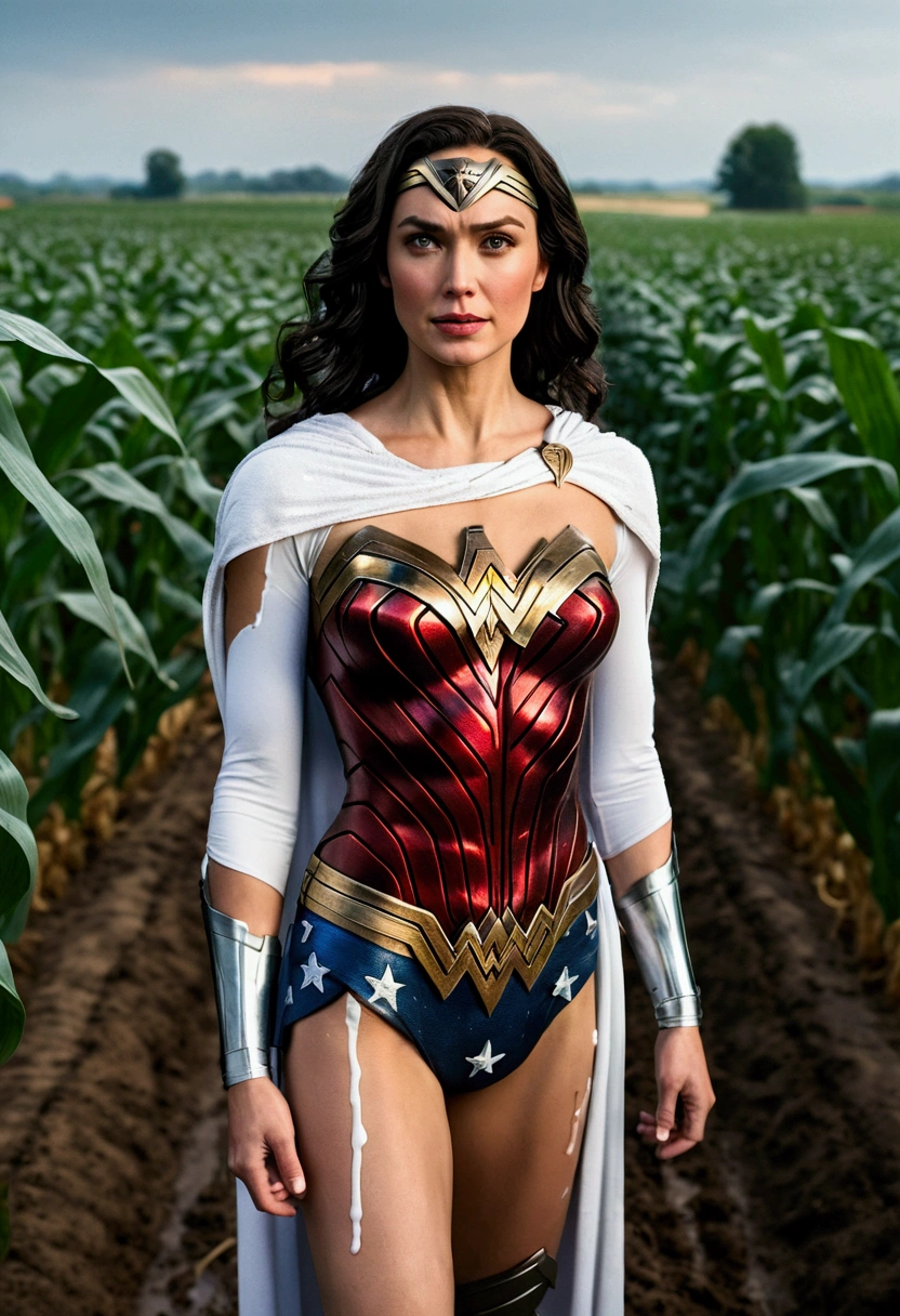 image Wonder Woman covered in white soy, dripping, on the ground. Background Superman with a smirk, in a corn field, and smallville farm