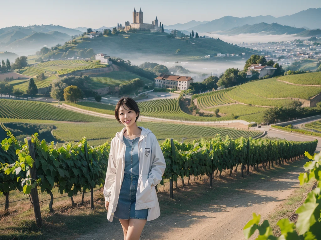 high quality, 1 woman, ((36-year-old healthy Korean woman)), ((36 years old)), 1 woman, eyes are big and beautiful. ((slim)), ((short medium hair)), Smile. pose: standing, windbreaker jacket, background: 1 woman, Vineyards in Piedmont, Italy, The cathedral can be seen in the distance through the early morning fog.. Full body shot with 16-34 wide angle lens, The cathedral can be seen through the foggy vineyards., looking up the side