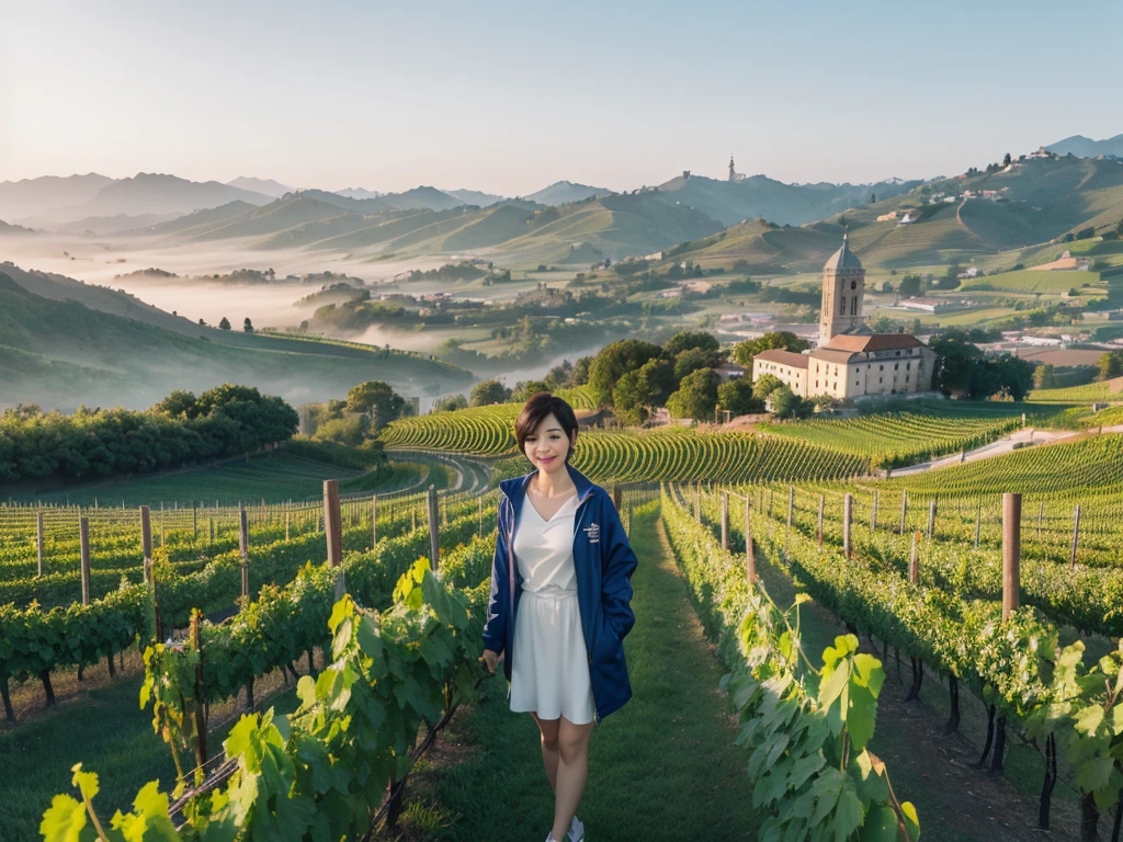 high quality, 1 woman, ((36-year-old healthy Korean woman)), ((36 years old)), 1 woman, eyes are big and beautiful. ((slim)), ((short medium hair)), Smile. pose: standing, windbreaker jacket, background: 1 woman, Vineyards in Piedmont, Italy, The cathedral can be seen in the distance through the early morning fog.. Full body shot with 16-34 wide angle lens, The cathedral can be seen through the foggy vineyards., looking up the side