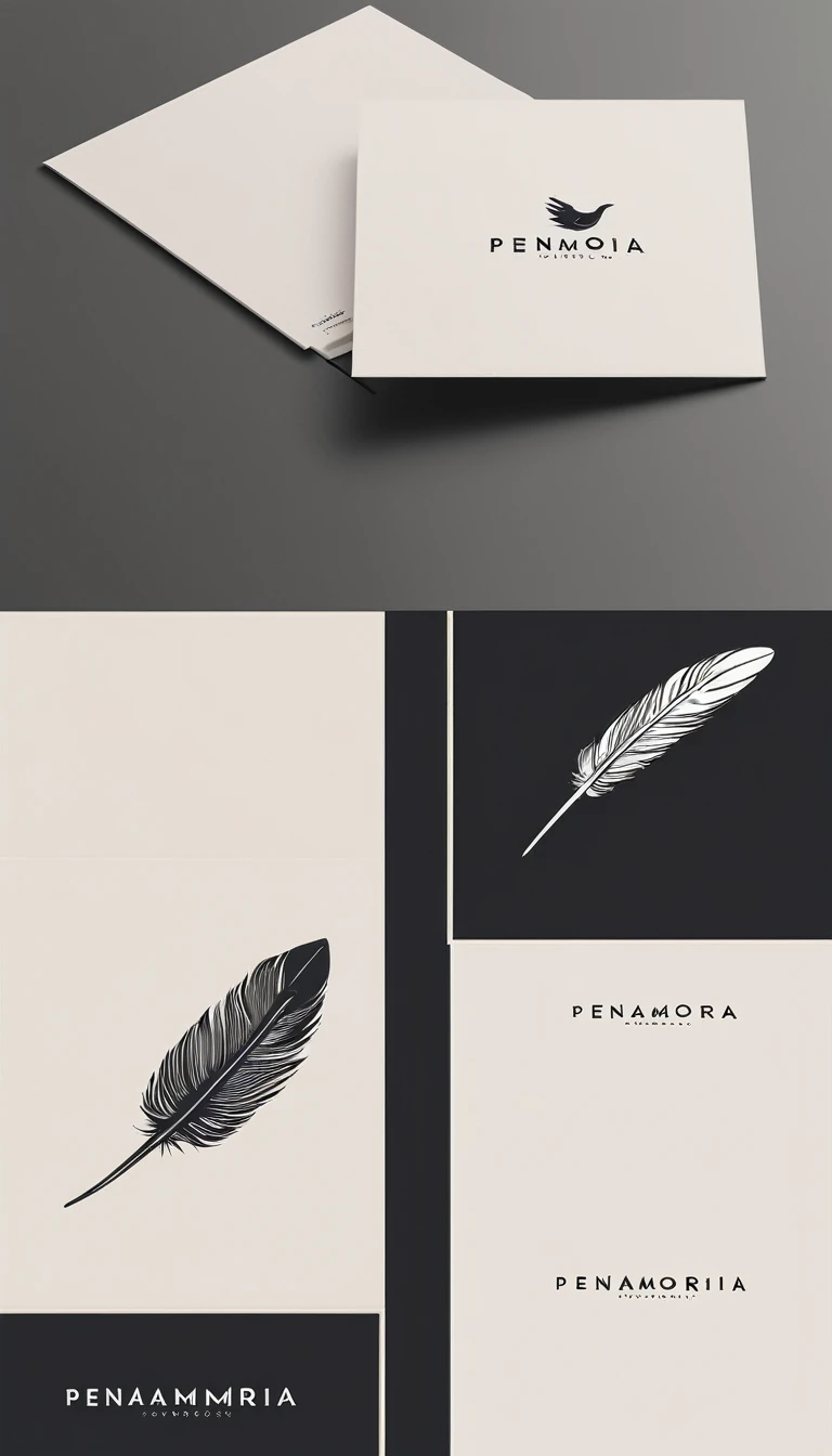 A minimal, modern, simple, cinematic logo design for the brand “Penamemoria". Create a modern, minimalistic, high-quality, logo of a bird feather