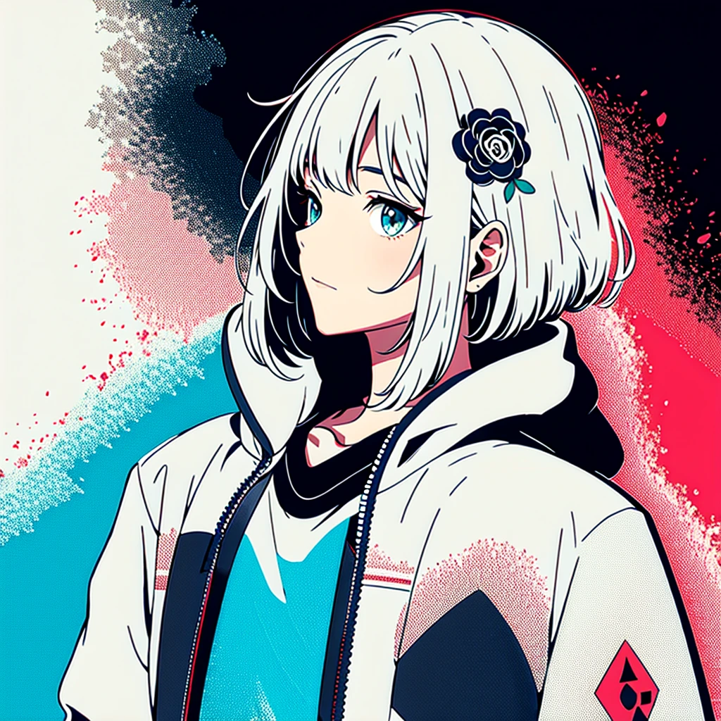 Stylized anime illustration BREAK Profile focused on character in background BREAK Short-haired white character wearing a large hooded jacket, BREAK looks to the side with a calm expression。The complex background of machine gears and cogs、Expressed in a variety of soft colors。, Create complex yet harmonious mosaics