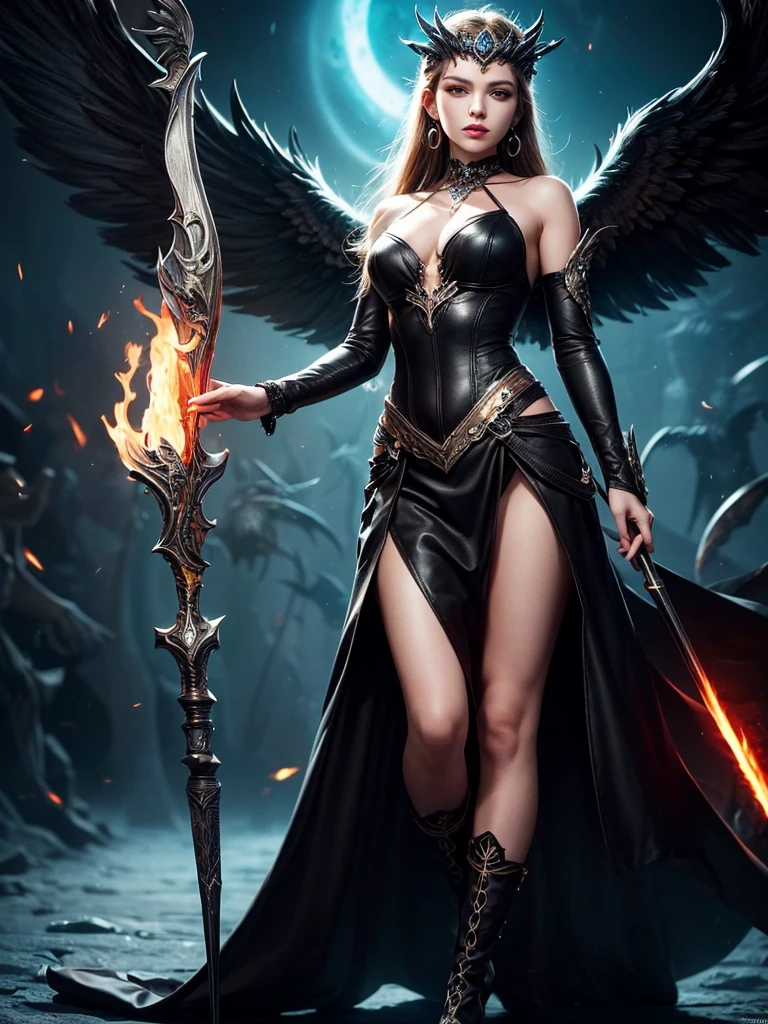 In the middle of the burning battlefield filled with broken swords and dead sodiers stand beatiful female fallen angel with black wings , she have beautiful face her eyes is golden yellow she have dark red lipstick and black eyeshadows she have piersing ring on her lip and cross shaped earrings on her ears her hair golden blond with black highlights with a blood red halo above her head, she dressed in sexy black leather armor with long skirt and black highheels boots with betal parts she have mystic symbols tattoo on her shouders, in her hand she holding long spear, (ultra high quality fantasy art, ghothic dark fantasy style, masterpiece, ultra high quality character design, 8k quality anime art, realistic anime art, top quality wallpaper illustration, detailed ultra high quality accurate face, high quality design and accurate physic)