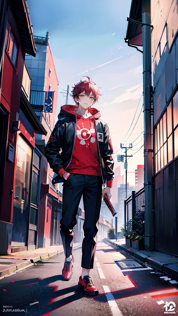 a handsome, dashing, young man in the manga series "Jujutsu Kaisen" named, Ita Dori Yuji" with his characteristic clothes, black hoodie, and red shoes, pink hair, with high quality anime photo resolution HD, 4K. with a sparkling background light, fantasy that saves the body, as well as dynamic effects, urban atmosphere, cyberpunk,.AND STANDING IN THE MIDDLE OF THE CITY while holding a katana.