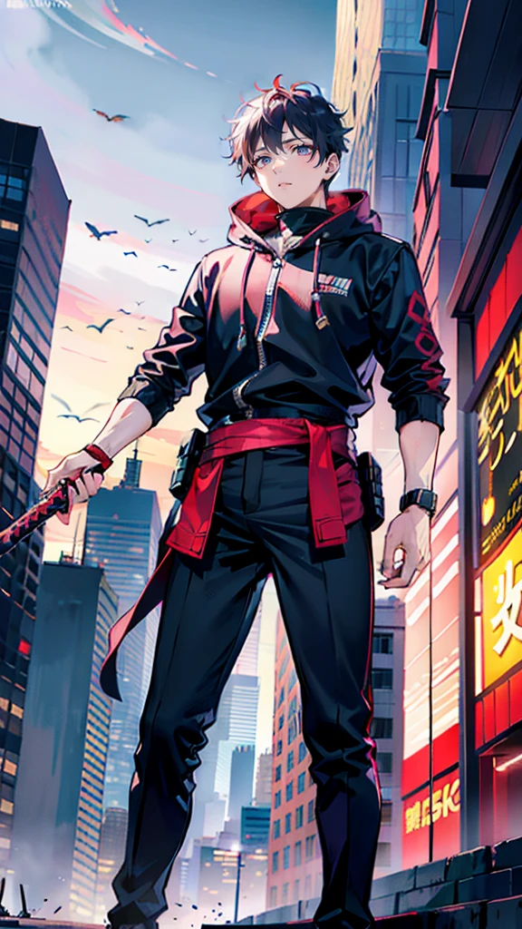a handsome, dashing, young man in the manga series "Jujutsu Kaisen" named, Ita Dori Yuji" with his characteristic clothes, black hoodie, and red shoes, pink hair, with high quality anime photo resolution HD, 4K. with a sparkling background light, fantasy that saves the body, as well as dynamic effects, urban atmosphere, cyberpunk,.AND STANDING IN THE MIDDLE OF THE CITY while holding a katana.