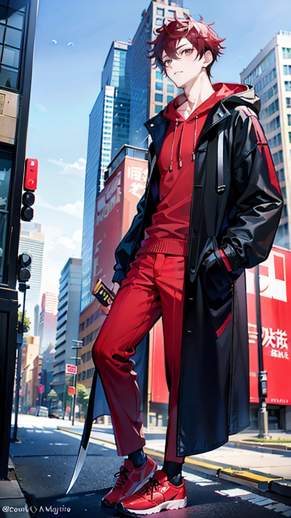 a handsome, dashing, young man in the manga series "Jujutsu Kaisen" named, Ita Dori Yuji" with his characteristic clothes, black hoodie, and red shoes, pink hair, with high quality anime photo resolution HD, 4K. with a sparkling background light, fantasy that saves the body, as well as dynamic effects, urban atmosphere, cyberpunk,.AND STANDING IN THE MIDDLE OF THE CITY while holding a katana.