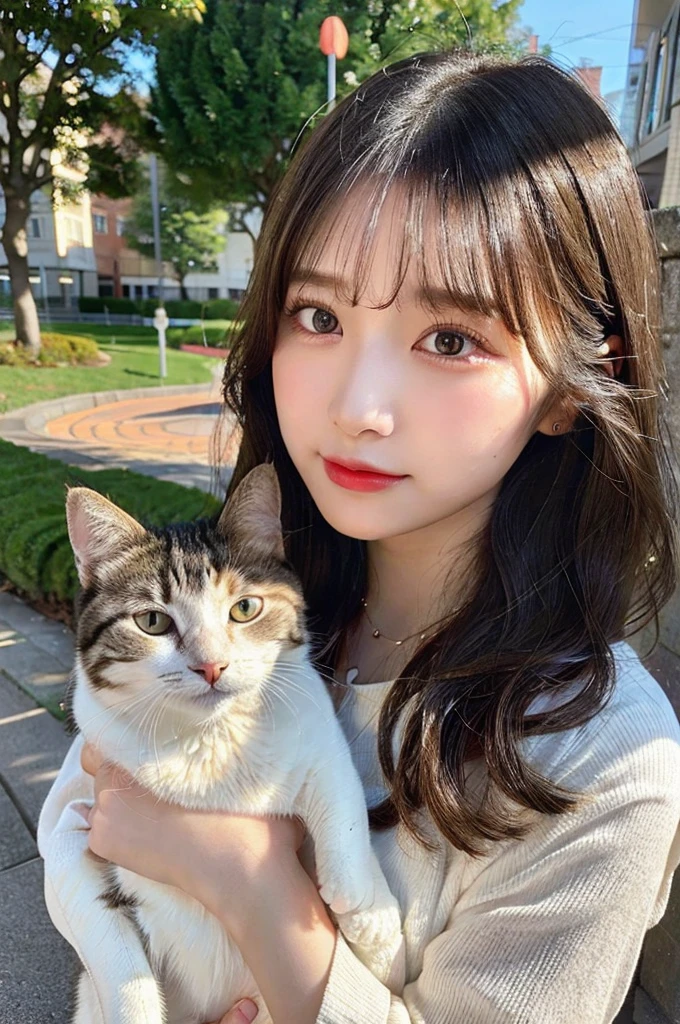 high-level image quality, 1 female college student, ((Holding a cat)), Wavy Hair, ((Detailed face:1.2)), pale skin, (cold color), moist, reflector stay piece, (perfectly proportions), (photos realistic), (Best Quality), photographed in a Canon EOS R5, 50mm Lens, (8K), very long upper eyelashes, very long lower eyelashes, Detailed lashes, Curled eyelashes, Natural eyes, very beautiful eyelashes