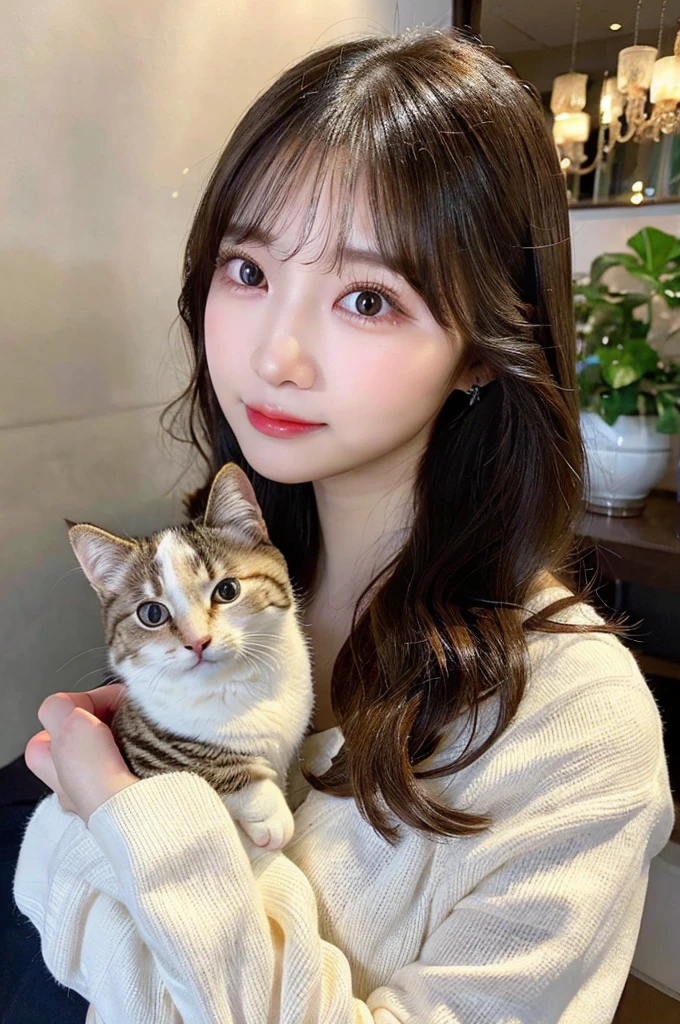 high-level image quality, 1 female college student, ((Holding a cat)), Wavy Hair, ((Detailed face:1.2)), pale skin, (cold color), moist, reflector stay piece, (perfectly proportions), (photos realistic), (Best Quality), photographed in a Canon EOS R5, 50mm Lens, (8K), very long upper eyelashes, very long lower eyelashes, Detailed lashes, Curled eyelashes, Natural eyes, very beautiful eyelashes
