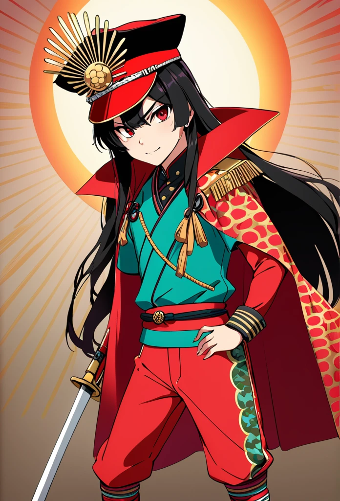 Draw a young Oda Nobunaga in eccentric clothing from the Sengoku period. He should have a playful and rebellious expression, reflecting his nickname "Utsuke-mono" (fool). The attire should be colorful and unconventional.
