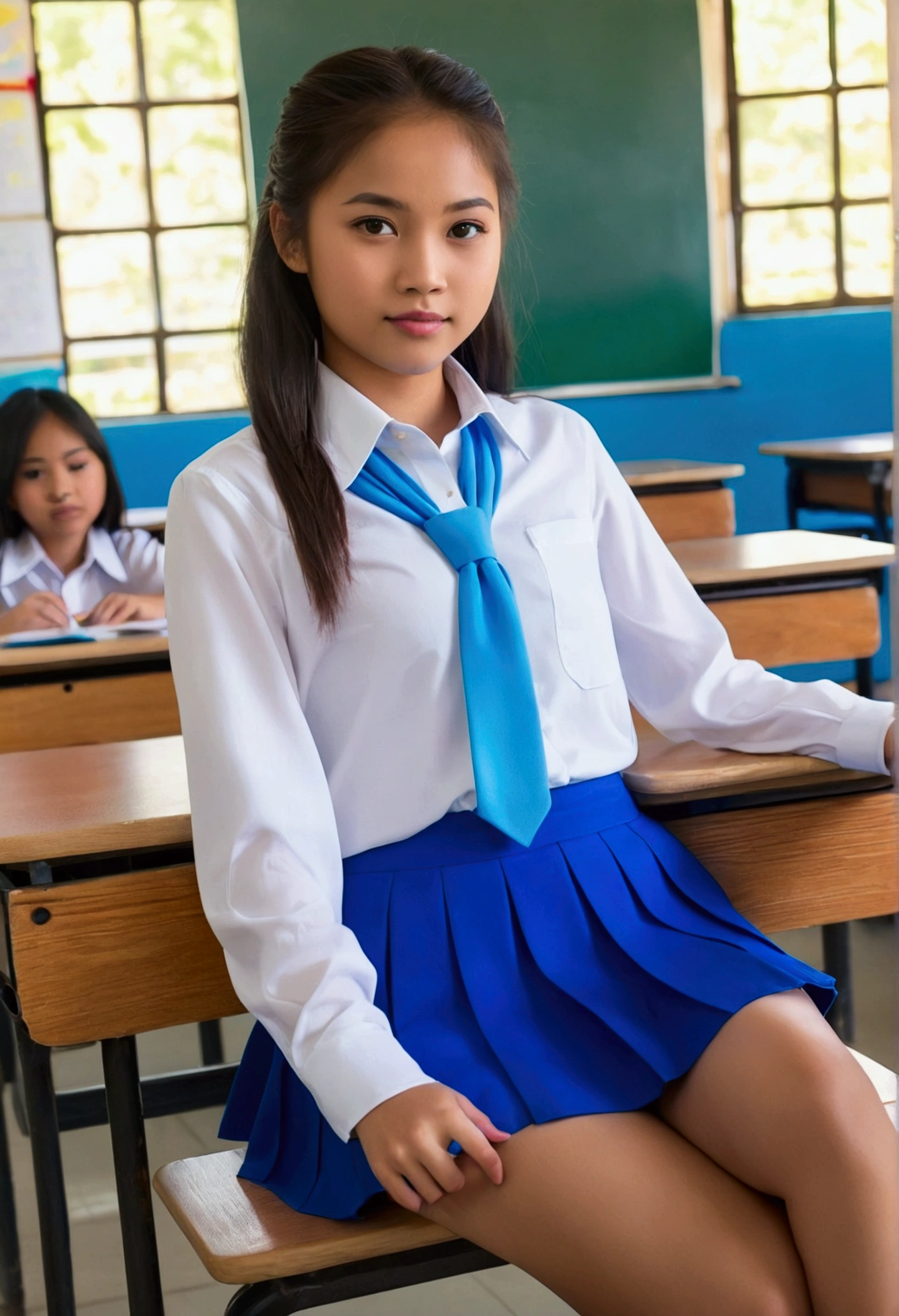 Filipina teen girl student. No panty spreading legs at class, thin white unbuttoned shirt, bright blue mini skirt, sitting on desk, in a classroom 