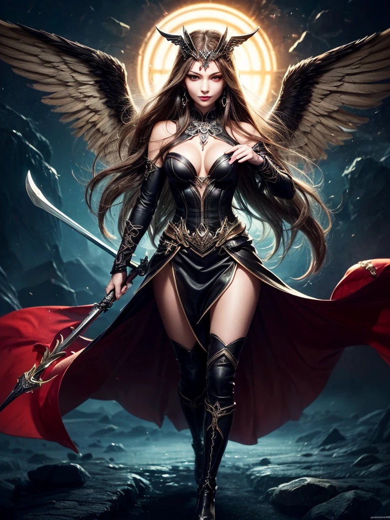In the middle of the burning battlefield filled with broken swords and dead sodiers stand beatiful female fallen angel with black wings , she have beautiful face her eyes is golden yellow she have dark red lipstick and black eyeshadows she have piersing ring on her lip and cross shaped earrings on her ears her hair golden blond with black highlights with a blood red halo above her head, she dressed in sexy black leather armor with long skirt and black highheels boots with betal parts she have mystic symbols tattoo on her shouders, in her hand she holding long spear, (ultra high quality fantasy art, ghothic dark fantasy style, masterpiece, ultra high quality character design, 8k quality anime art, realistic anime art, top quality wallpaper illustration, detailed ultra high quality accurate face, high quality design and accurate physic)