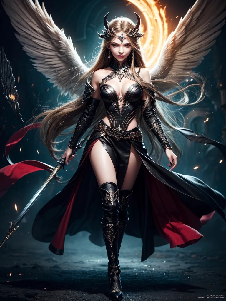 In the middle of the burning battlefield filled with broken swords and dead sodiers stand beatiful female fallen angel with black wings , she have beautiful face her eyes is golden yellow she have dark red lipstick and black eyeshadows she have piersing ring on her lip and cross shaped earrings on her ears her hair golden blond with black highlights with a blood red halo above her head, she dressed in  black leather armor with long skirt and black highheels boots with betal parts she have mystic symbols tattoo on her shouders, in her hand she holding long spear, (ultra high quality fantasy art, ghothic dark fantasy style, masterpiece, ultra high quality character design, 8k quality anime art, realistic anime art, top quality wallpaper illustration, detailed ultra high quality accurate face, high quality design and accurate physic)