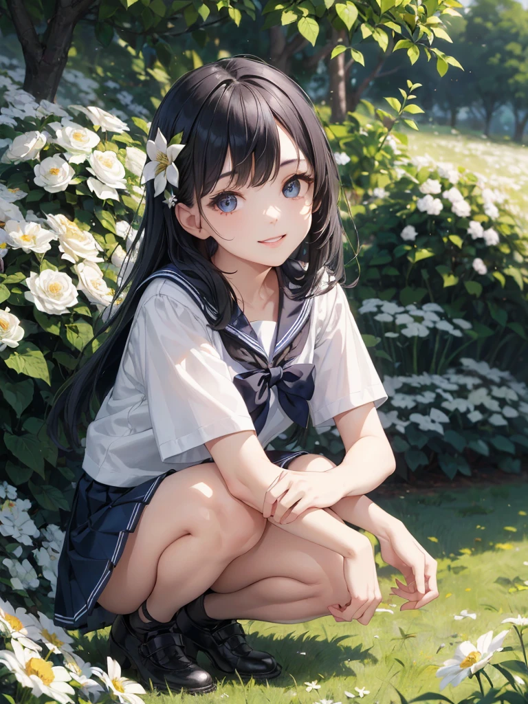 very cute and beautiful girl,(highly detailed beautiful face and eyes:1.2), smile,black hair,sailor ,(navy blue pleated mini skirt), (from below),squatting,white panties, flower garden,grassland,shrubbery,detailed background,ultra-detailed, (best quality,masterpiece:1.2),intricate details,highres,extremely detailed,cinematic lighting,solo,

