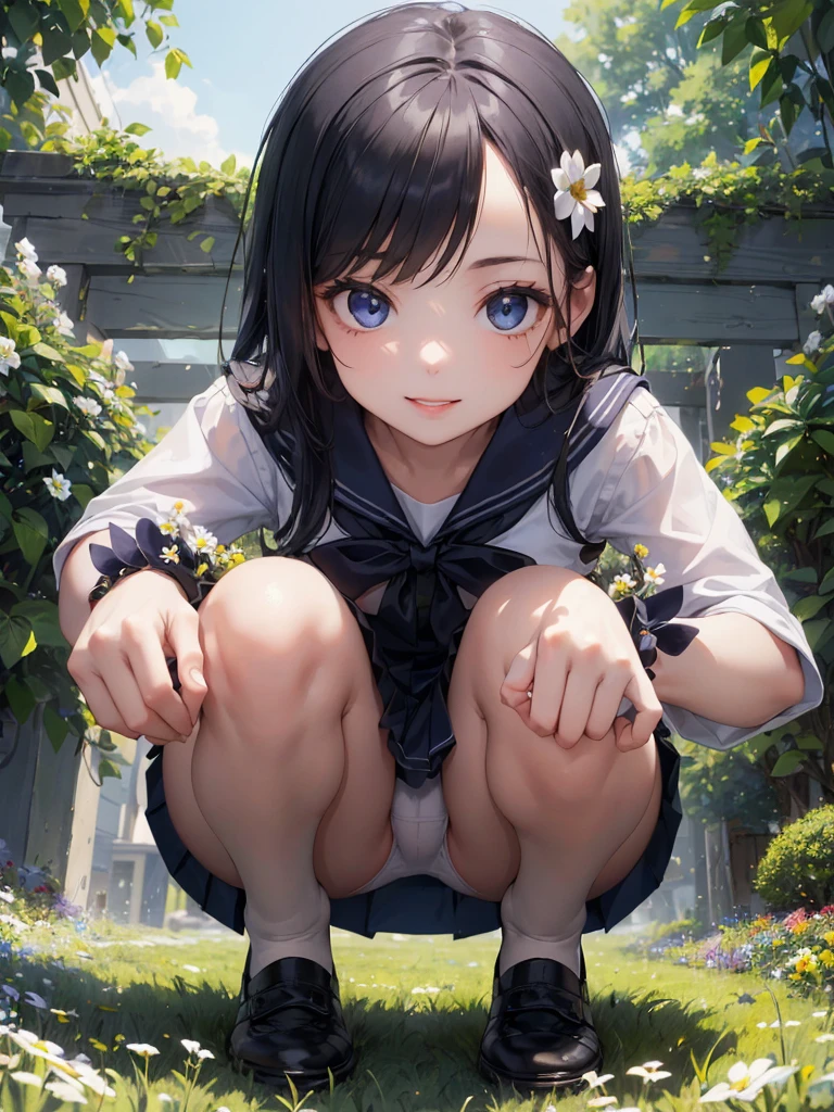very cute and beautiful girl,(highly detailed beautiful face and eyes:1.2), smile,black hair,sailor ,(navy blue pleated mini skirt), (from below),squatting,white panties, flower garden,grassland,shrubbery,detailed background,ultra-detailed, (best quality,masterpiece:1.2),intricate details,highres,extremely detailed,cinematic lighting,solo,