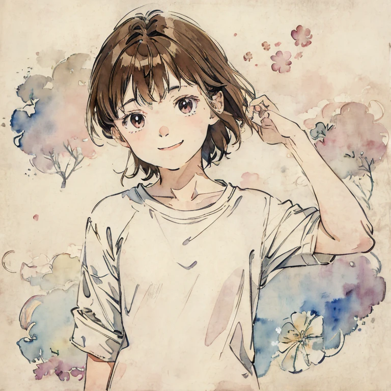 Watercolor style、pale colour、Hand-drawn style, 16-year-old student、Laughter、frontage、Upper body、Brown Hair、Upper body、man