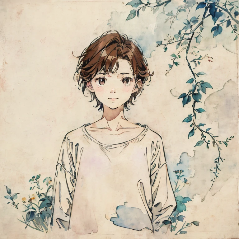 Watercolor style、pale colour、Hand-drawn style, 16-year-old student、Laughter、frontage、Upper body、Brown Hair、Upper body、man