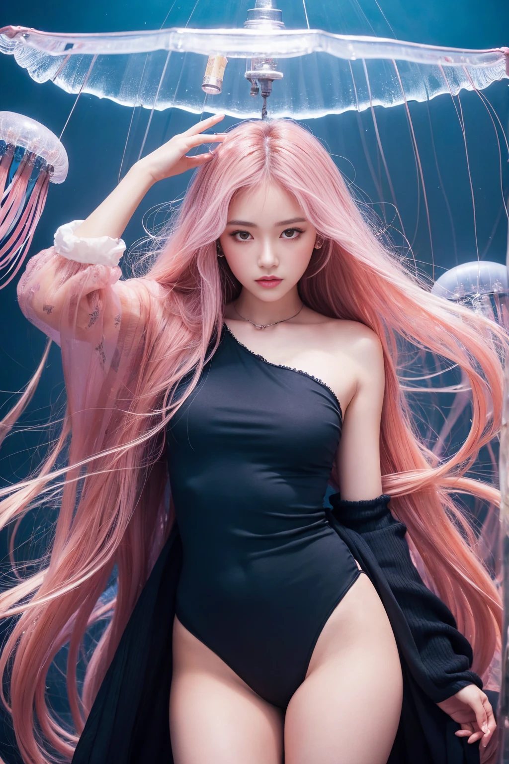 A maiden, maiden with exposed skin, sticky liquid, tentacles licking, lying face up, hands separated by chains, struggle, pain, penetration, pink stockings, pink dress, silver-white hair, using ice magic, magic suit, pink eyes, pink ice wings