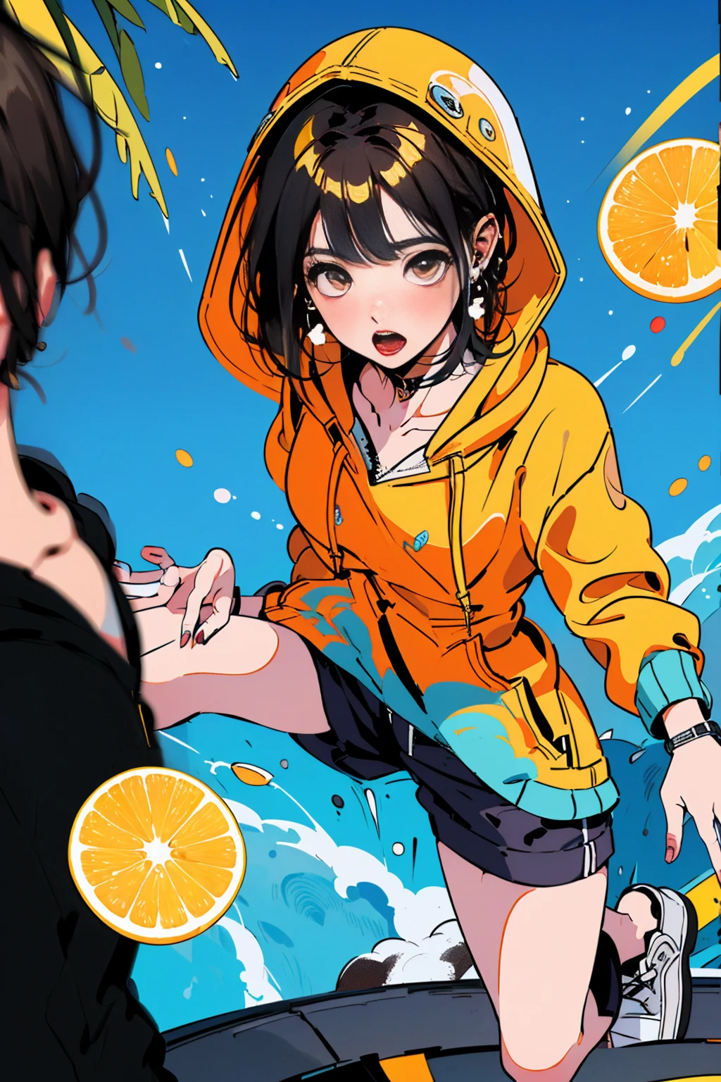 (masterpiece:1.2), Highest quality,Pixiv,Surprised girl,Portraiture,Tank top、(((((Not wearing a hoodie)))))、16 years old、Immediately after intense sex、Ecstasy、((((Midsummer clothes、Full body portrait))))、Shorts、Pop Art
