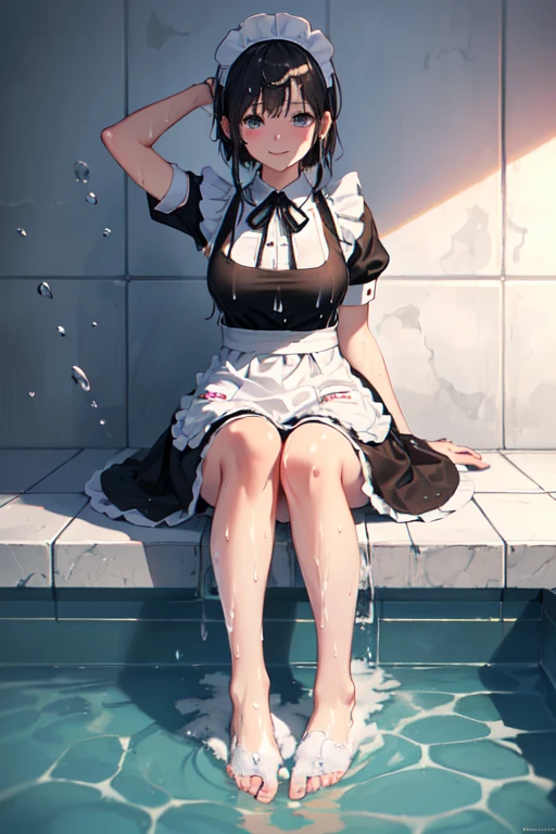 (Super best quality:1.6), (Highest quality:1.4), (Attention to detail:1.4), (Ultra-high resolution:1.6), (Detailed face), (Detailed eyes), Sparkling eyes, Bright Face, Looks fun, cute, The best smile, Best Anatomy, (Maid clothes, White apron, Headband, Black Dress, ribbon, Maid clothes, Classic, Long:1.4), (白と黒のMaid clothes), お風呂に入るMaid clothes, (Bathing fully clothed:1.6), (Soaked from head to toe:1.6), Maid sunk up to her shoulders, natural, 