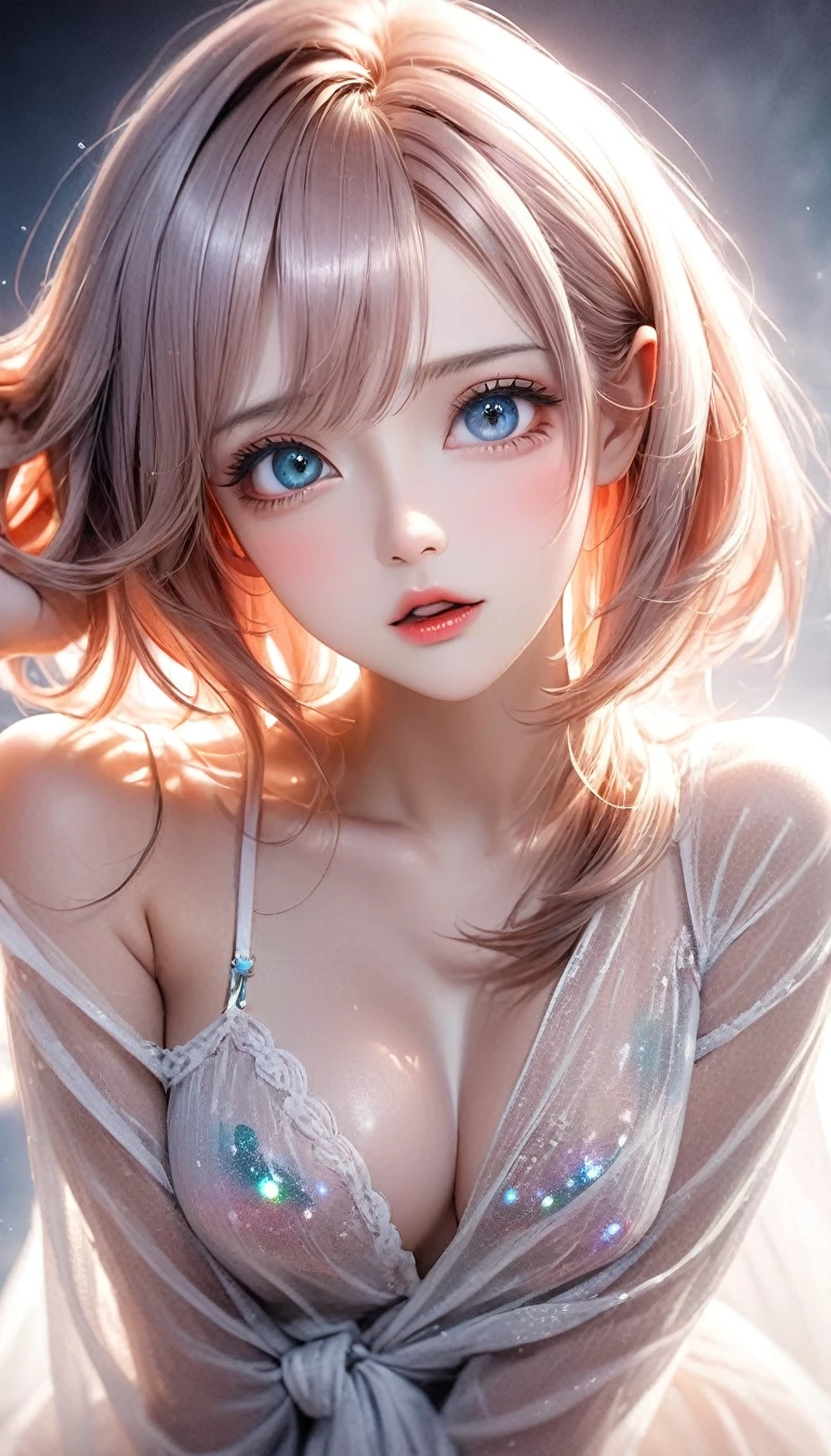 Cute Girl, one hand behind head, glossy smooth hair, shiny big eyes, sighing lips, make-up, attractive and seductive expression, great Proportions, 2.5D, delicate and dynamic, foggy filter effect, beautiful effects