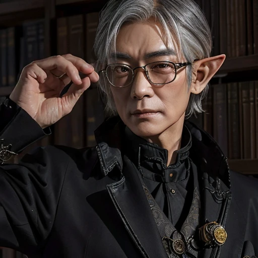 A 60-year old Asian male elf with glasses wearing a dark steampunk suit, cleanshaven, graying hair, Hu Xia, standing in a library