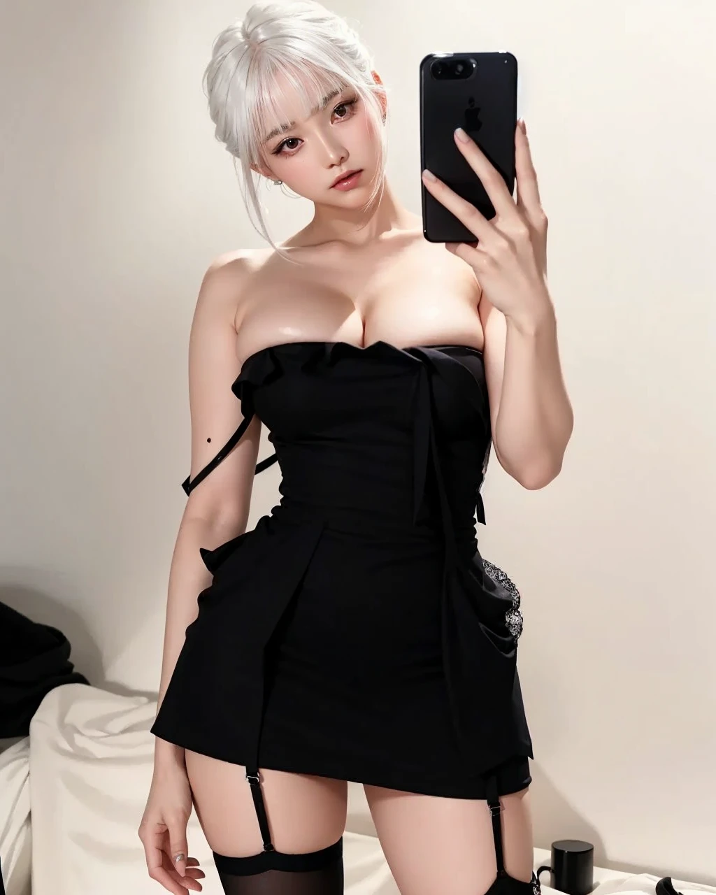 white hair, neckline, wavy hair, big breasts, pale, korean light makeup, thick thighs, feminine delicate hands, cintura de avispa, delicate hands with acrylic nails, bangs