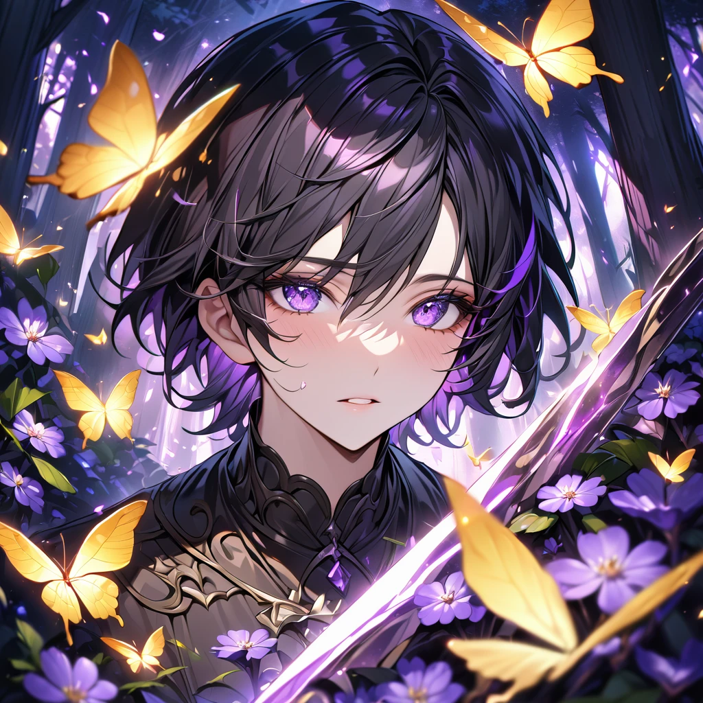 Boy with yellow tshirt,cat ear, forest,purple dark light, absurdres, highres, ultra detailed, HDR, master piece, best quality, black hair, expressive purple eyes, black clothes, magical, fantasy, shining, purple flowers, blossoms, yellow butterflies, close up face