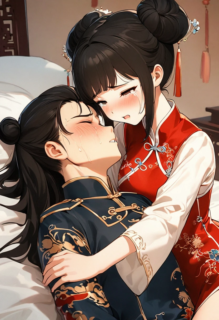 Period drama manga style　A -yeld su beautiful Chinese girl with black hair in a bun cut　She is laid on her back on a Chinese-style bed, wearing a long-sleeved Chinese dress for royalty, and the old emperor embraces her, kisses her deeply, and makes her cry.　She gets fucked hard