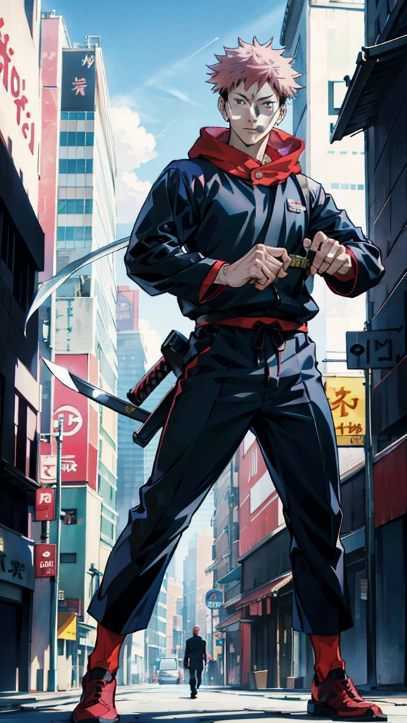 a handsome, dashing, young man in the manga series "Jujutsu Kaisen" named, Ita Dori Yuji" with his characteristic clothes, black hoodie, and red shoes, pink hair, with high quality anime photo resolution HD, 4K. with a sparkling background light, fantasy that saves the body, as well as dynamic effects, urban atmosphere, cyberpunk,.AND STANDING IN THE MIDDLE OF THE CITY while holding a katana.