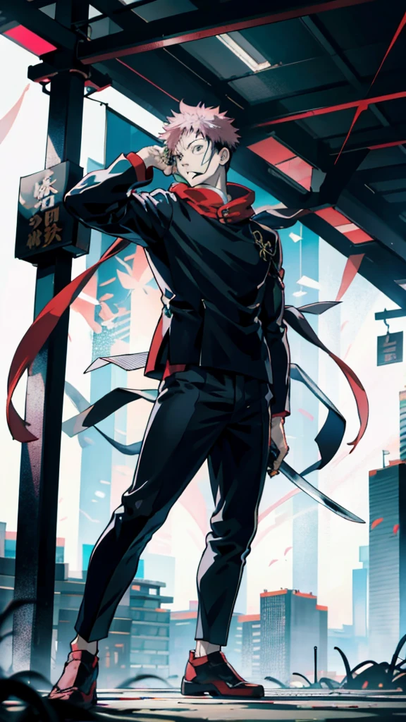 a handsome, dashing, young man in the manga series "Jujutsu Kaisen" named, Ita Dori Yuji" with his characteristic clothes, black hoodie, and red shoes, pink hair, with high quality anime photo resolution HD, 4K. with a sparkling background light, fantasy that saves the body, as well as dynamic effects, urban atmosphere, cyberpunk,.AND STANDING IN THE MIDDLE OF THE CITY while holding a katana.