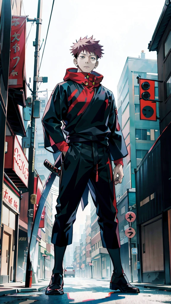 a handsome, dashing, young man in the manga series "Jujutsu Kaisen" named, Ita Dori Yuji" with his characteristic clothes, black hoodie, and red shoes, pink hair, with high quality anime photo resolution HD, 4K. with a sparkling background light, fantasy that saves the body, as well as dynamic effects, urban atmosphere, cyberpunk,.AND STANDING IN THE MIDDLE OF THE CITY while holding a katana.