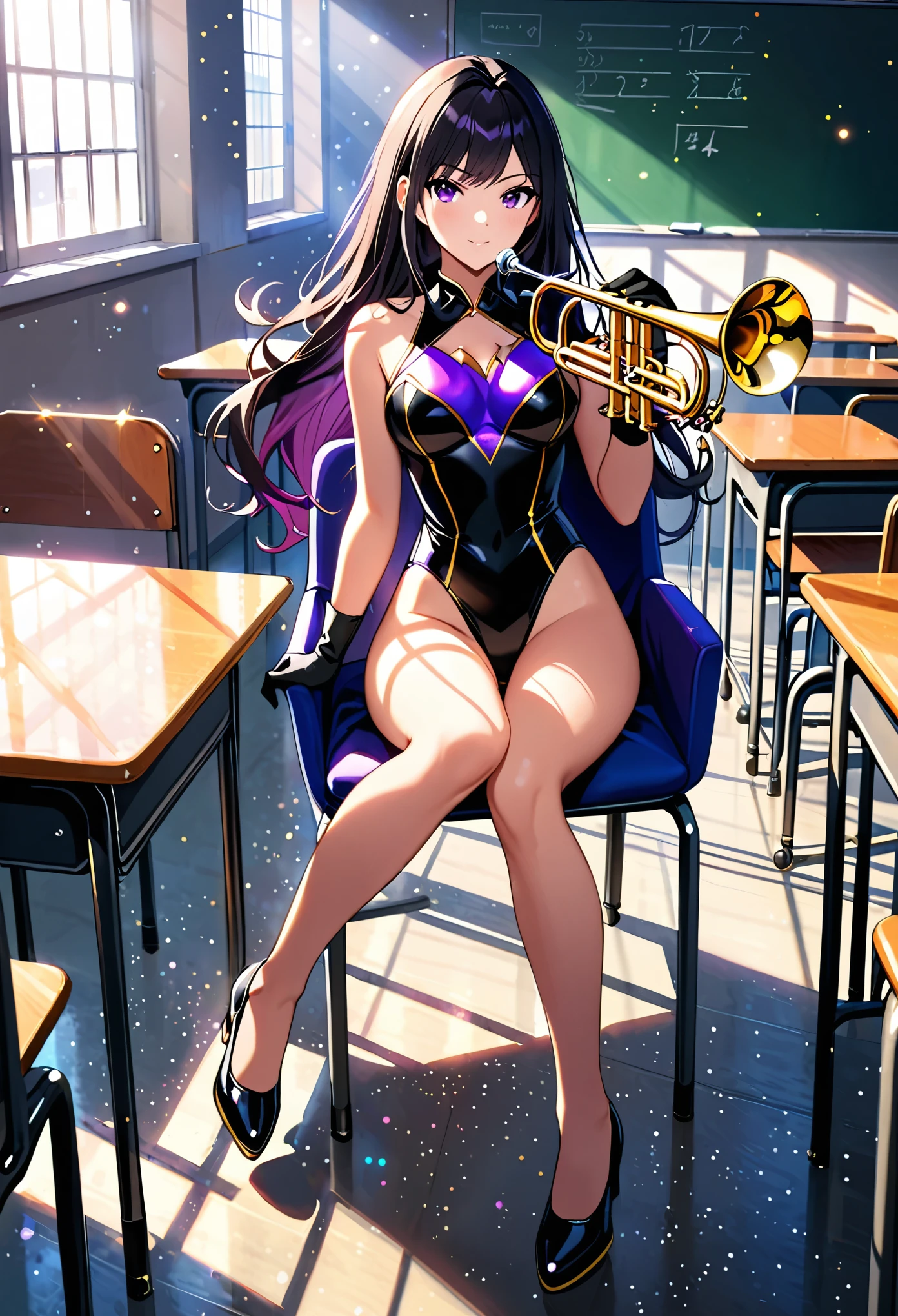 masterpiece, best quality, highres, 1girl, solo, magician, superhero, leotard, bare legs, matching shoes, gloves, looking at viewer, empty classroom, soft lighting, leotard, black hair, purple eyes, medium breasts, long hair, sitting in a chair, full body, light particles, magic, hair down, cool, holding and playing a trumpet