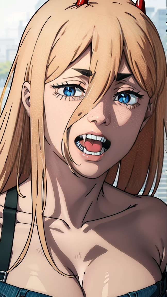 ultra sharp image, beautiful figure, beautiful, full length (full body 1.1.), slender legs, buttocks, slender legs, Wasp waist, erotica, sexy pose, Mouth open in a smile, sharp teeth, laughing, yellow eyes, ultra detailed face, Ultra transparent, Chainsaw Man Energy, Two red sharp horns on the head, ultra sharp image, very beautiful, long hair, blonde, beautiful figure, tight clothes, T-shirt with the image of a cat, denim shorts, shoes, Red crosses and circles instead of pupils, Beautiful body, sexy clothes, Beautiful eyes, very detailed eyes, Very detailed face, Beautiful body, Chereter Design, Very detailed, detailed body, detailed hands, detailed, bright, detailed Face, sharp focus, clap, Artgerm, anime art, bright, detailed Face, Hugh Details, sharp focus, Very downcast face, detailed eyes, Super lovely illustration, best shadow, finely detail, beautiful detail