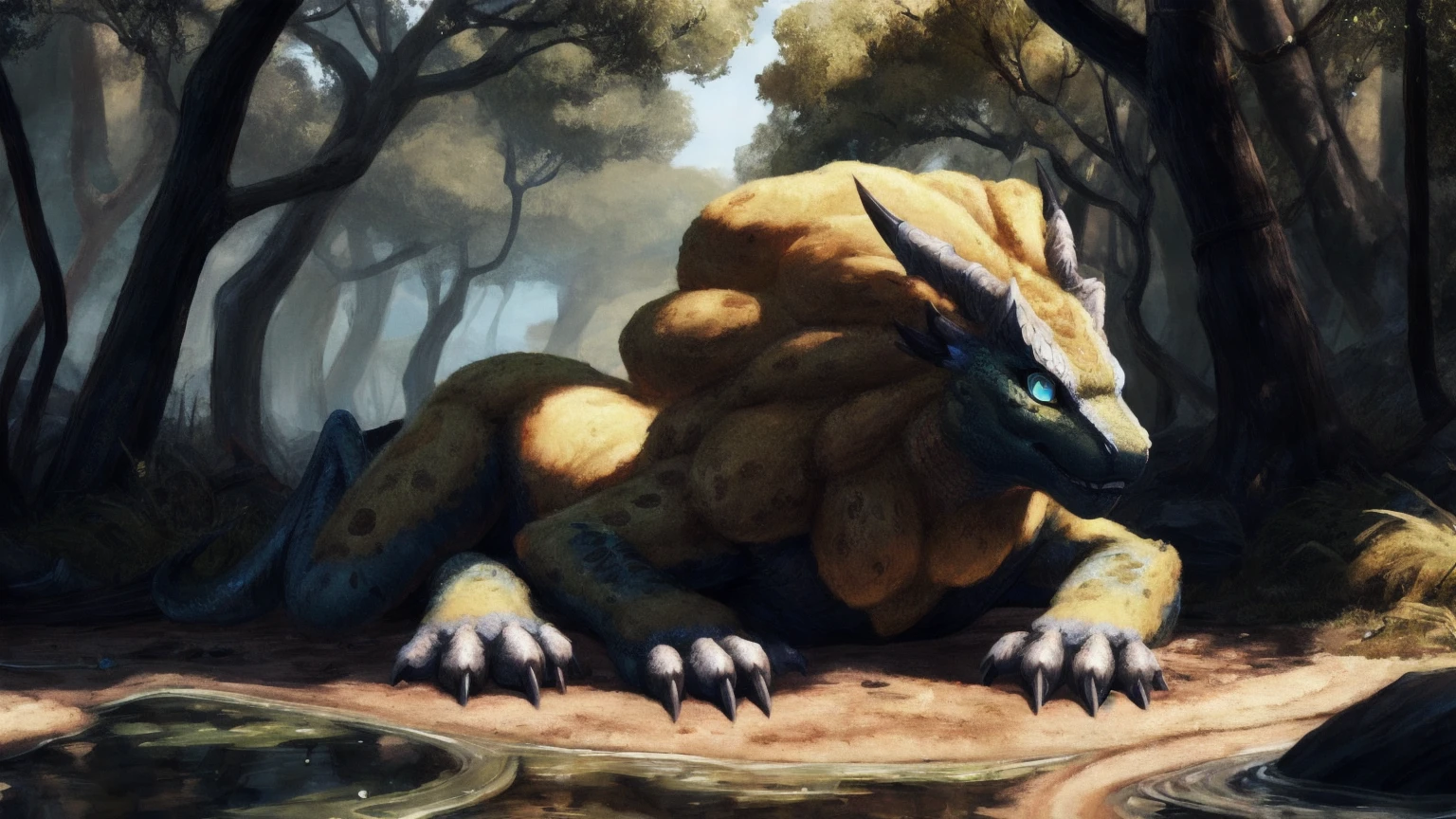 A human petting a big pregnant belly of a friendly feral dragoness, Detailed painting by Taran Fiddler