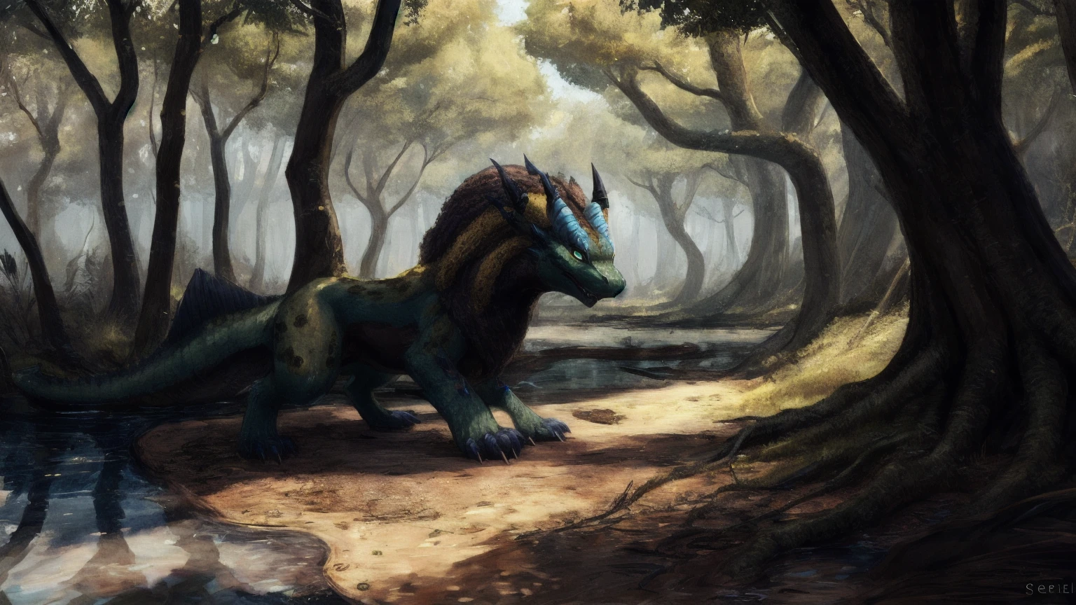 royal ludroth,solo,hi res,soft shading,good anatomy,tail,cinematic lighting,by seraziel,by woolrool,buta99,detailed background,realistic,swamp,blue eyes,red sclera,hands on ground,slit pupils,red accents,white scales,purple fur,