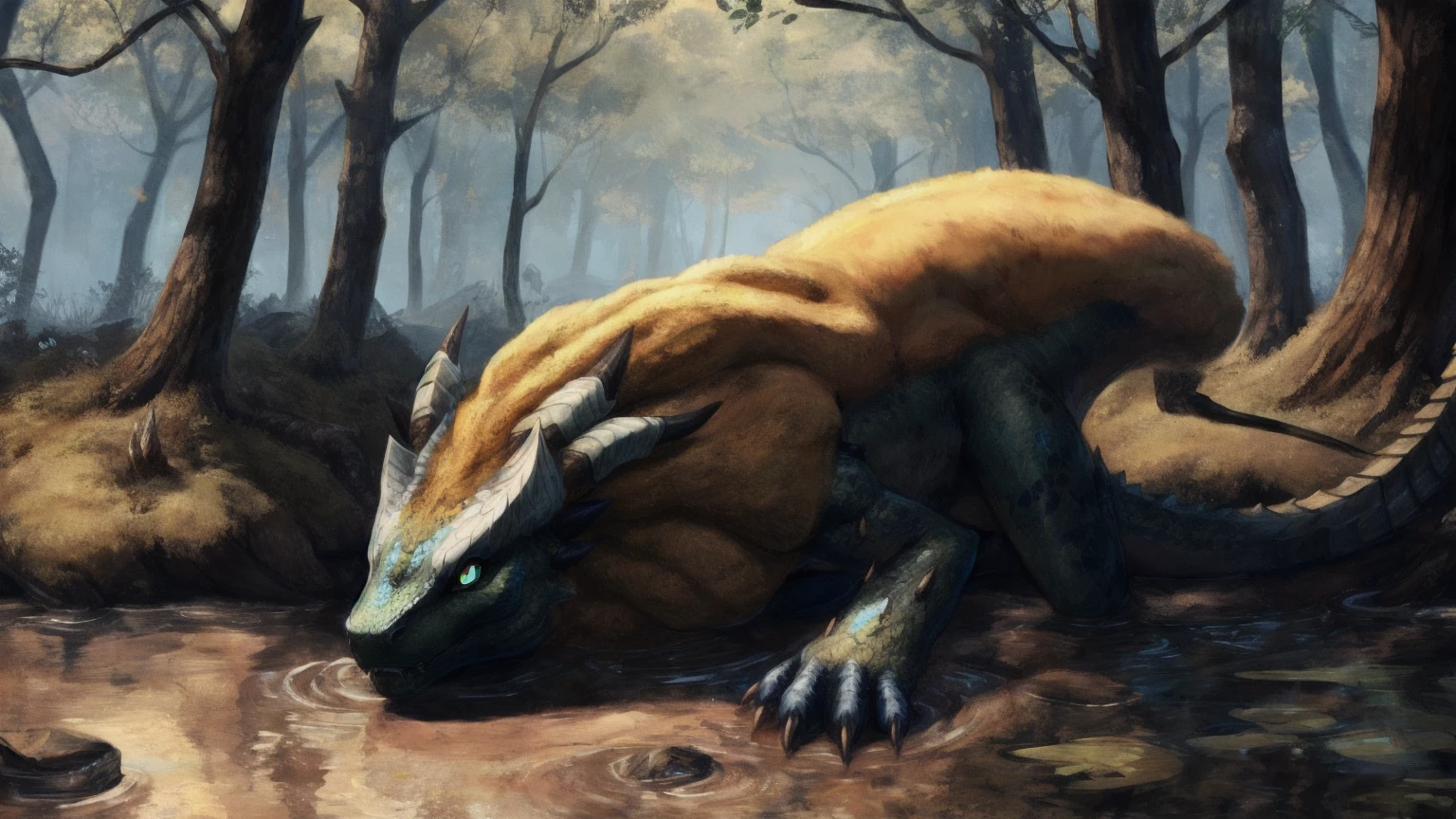 royal ludroth,solo,hi res,soft shading,good anatomy,tail,cinematic lighting,by seraziel,by woolrool,buta99,detailed background,realistic,swamp,blue eyes,red sclera,hands on ground,slit pupils,red accents,white scales,purple fur,