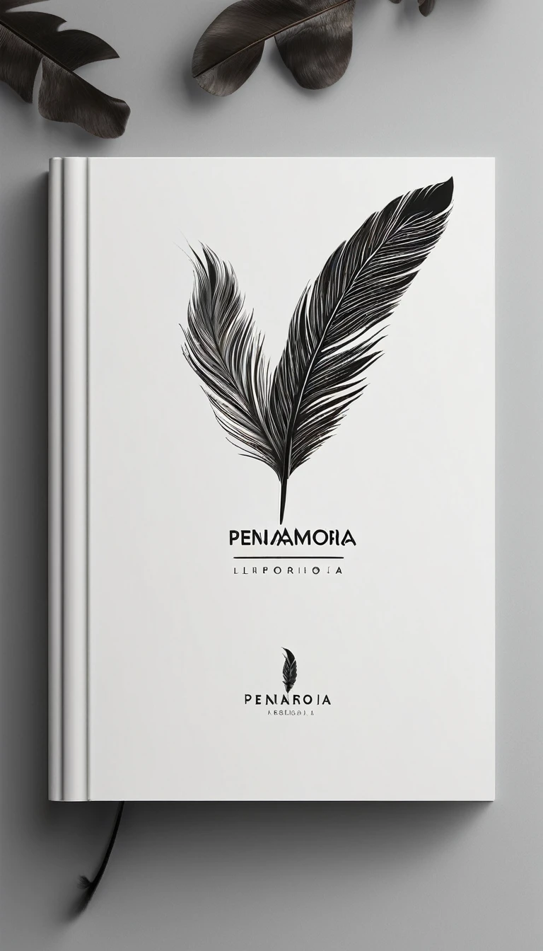 A minimal, modern, simple, cinematic logotype for the brand “Penamemoria". The logotype must be a simple, magical feather. The logo must convey a sense of music, stories and dreams. Logo design impressed on a book cover. Minimalistic logo