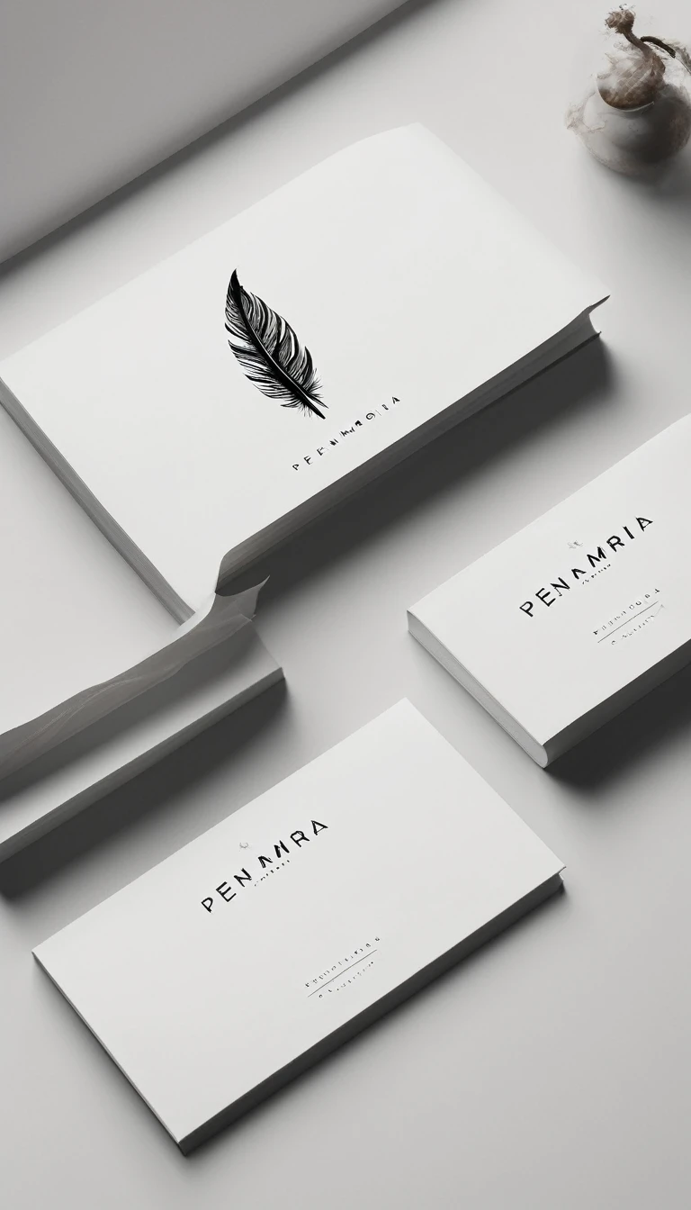 A minimal, modern, simple, cinematic logotype for the brand “Penamemoria". The logotype must be a simple, magical feather. The logo must convey a sense of music, stories and dreams. Logo design impressed on a book cover. Minimalistic logo