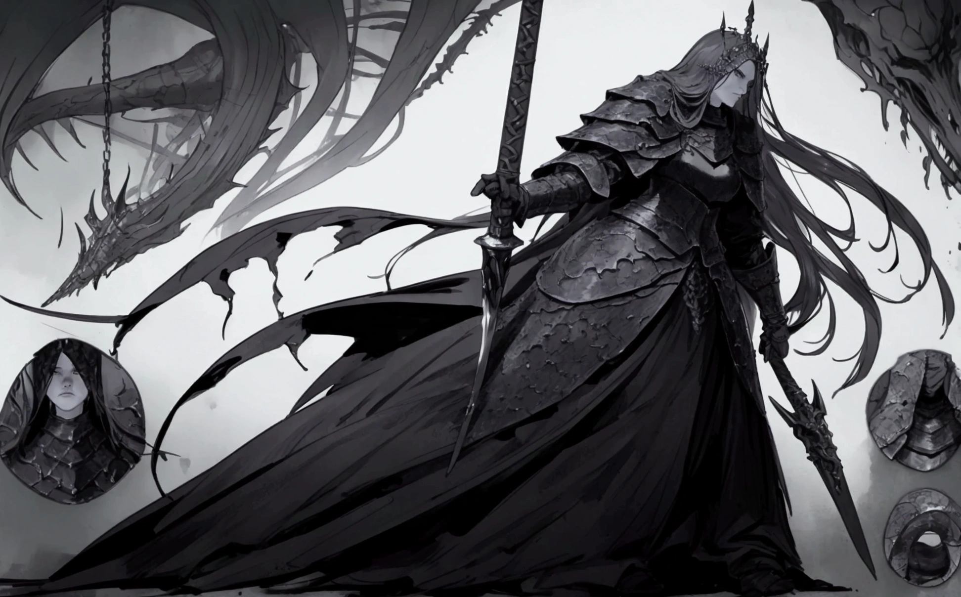 elden ring, dark souls, concept art sheet, items, weapons: A sinister gothic queen who wields poisonous chakram' and wears dark grey armor made from the weapons of fallen foes.