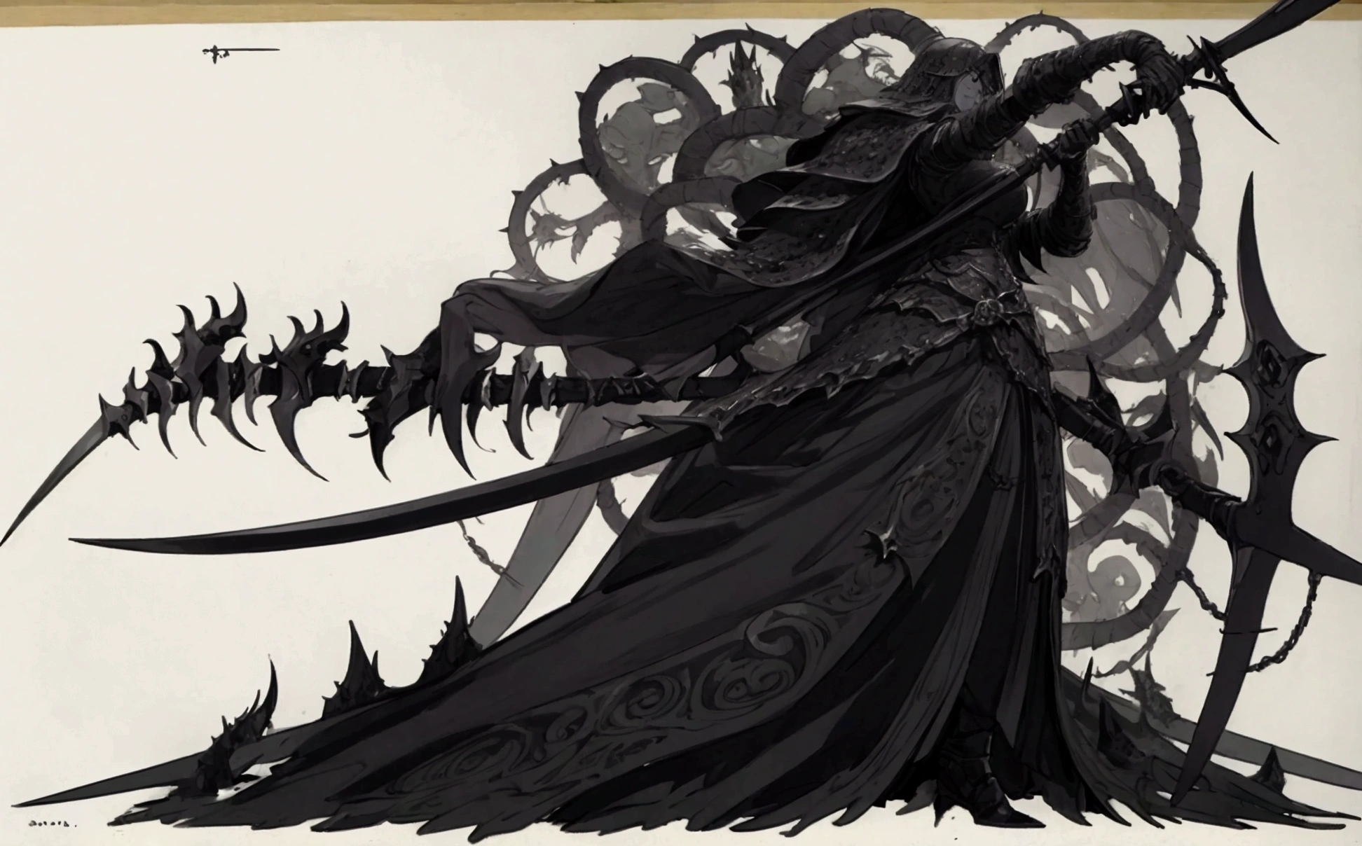 elden ring, dark souls, concept art sheet, items, weapons: A sinister gothic queen who wields poisonous chakram' and wears dark grey armor made from the weapons of fallen foes.